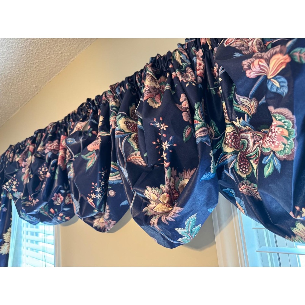 Vintage Navy Blue Floral Chintz 9 Piece‎ Curtain & Balloon Valance Set Lined 80s - Picture 12 of 12